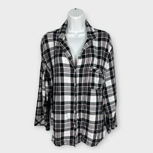 Victorias Secret Pajama Top Black Pink Plaid Size Large PJ Lounge Wear Button Up